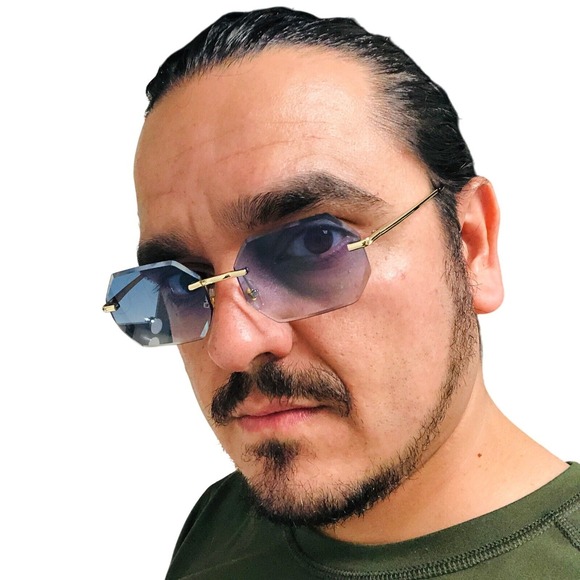 Rimless Sunglasses Men Octagon Fashion Shades Blue Lens Gold Frame Hip Hop Style - Picture 1 of 4